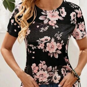 SALE,LAST ONE AVAILABLE!! NWT, BEAUTIFUL, BLACK WITH PINK,FLORAL PRINT TEE-SHIRT